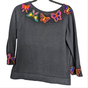 Vintage Belle‎ Pointe Beaded Butterfly Sweater Size Medium Black 3/4 Sleeve